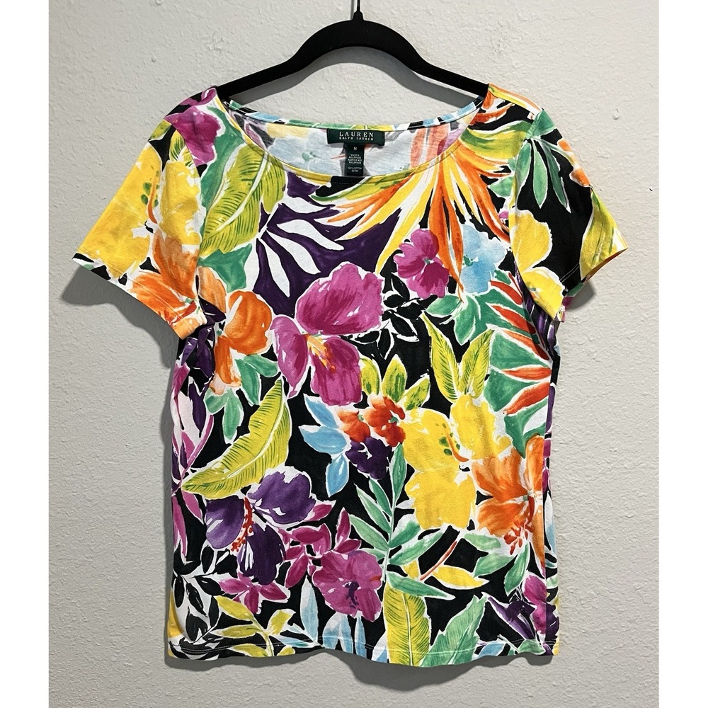 Vintage Lauren Ralph Lauren Women's T-Shirt Medium Floral Colorful Short Sleeve